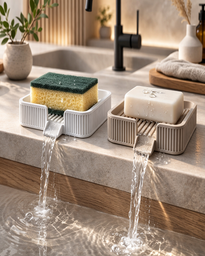 Akıllı Su Tahliyeli Sabunluk & Süngerlik – Lavabo Kenarı Damlama Önleyici Organizer
