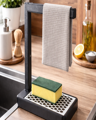 Lavabo Üstü Süngerlik ve Bulaşık Bezi Askılığı – Mutfak Düzenleyici Organizer, Minimal Tasarım Sünger Tutucu