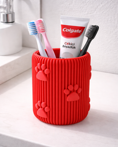Pati Desenli Diş Fırçası ve Diş Macunu Organizer – Dekoratif Banyo Düzenleyici | Modern Tasarım Stand