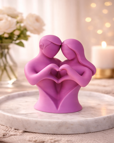 Romantik Çift Heykel Kalp Tutan Aşıklar Dekoratif Obje Mor Pembe Ton 